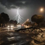 Flooded intersection shows fast water and cars with a tree branch and streetlight glow and lightning flashes.