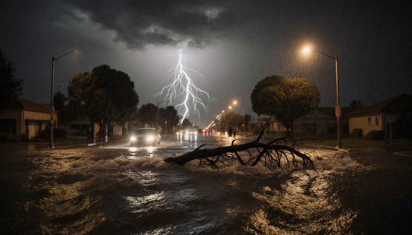 Flooded intersection shows fast water and cars with a tree branch and streetlight glow and lightning flashes.