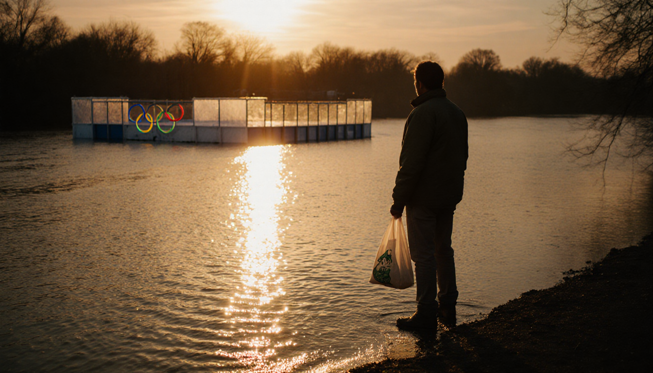 Person standing at flood edge holding reusable bag looking over water with golden sunset and blurred Olympic rink in backgrou