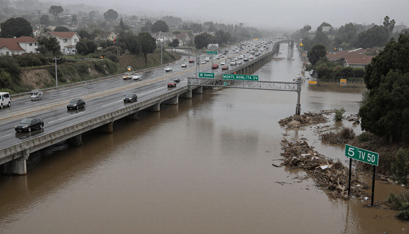 Southern California roadway shows submerged lanes with cars stuck in water and emergency responders in background.