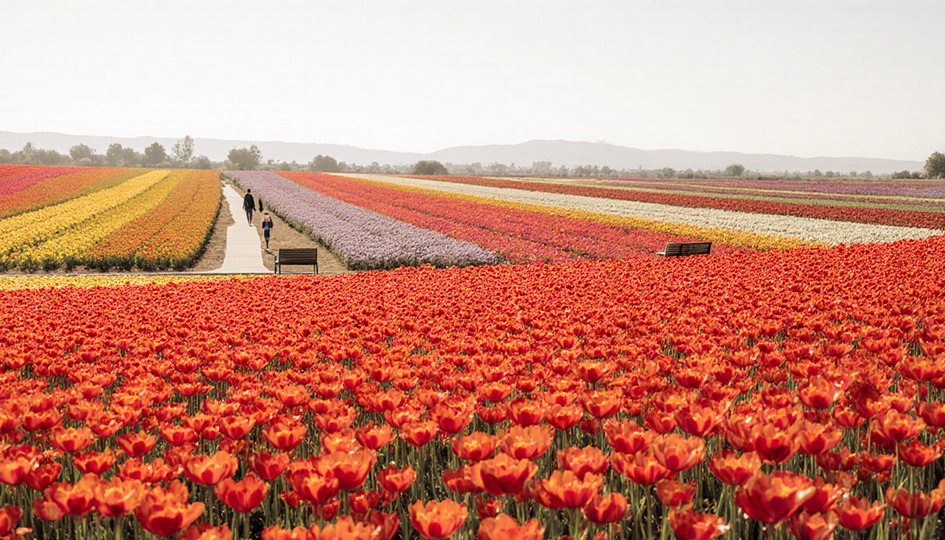 Visitors strolling through bright Ranunculus floral field with walking paths and scattered benches