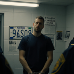 Florida man in handcuffs standing with police officers in dim jail cell and newspaper headline on wall