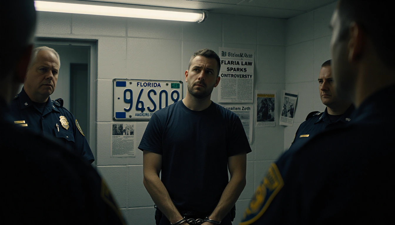 Florida man in handcuffs standing with police officers in dim jail cell and newspaper headline on wall