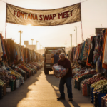 Vendor carefully wraps prized item with soft golden sunset light over bustling swap meet stalls