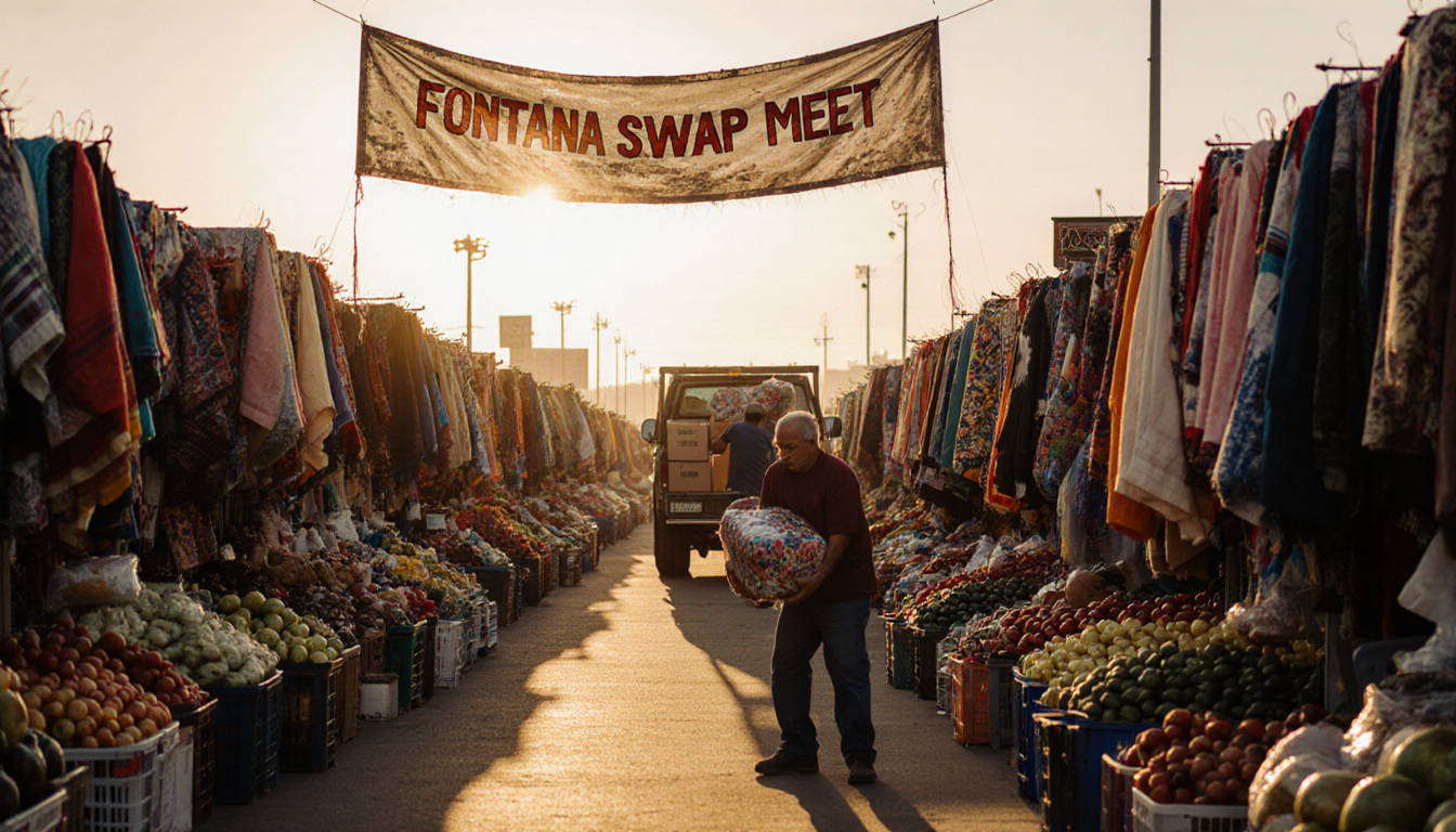 Vendor carefully wraps prized item with soft golden sunset light over bustling swap meet stalls