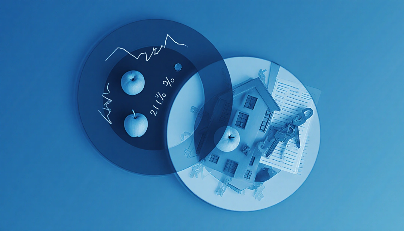 Intertwined circles depict food prices and housing growth with apples and house keys on blue