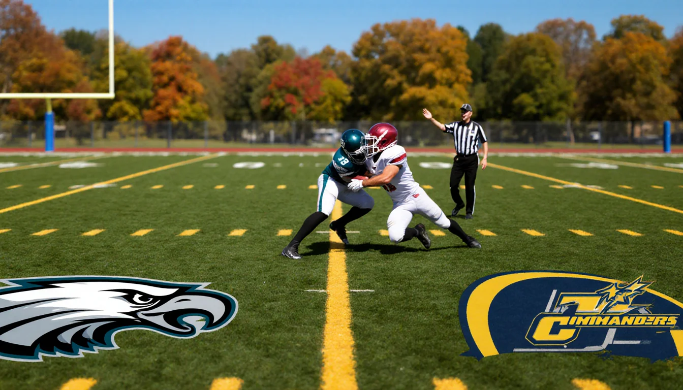 Football players tackle each other with a referee signaling penalty on a bright blue field with autumn trees behind.