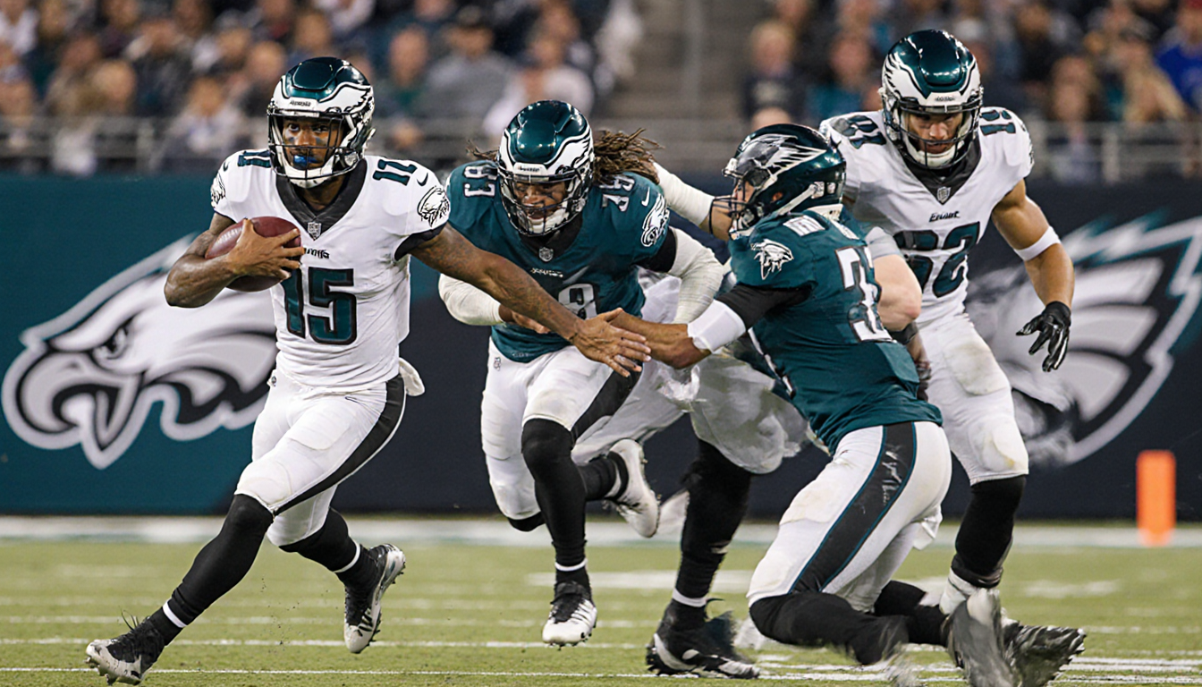 Da'Shawn Hand returns interception with Will Shipley stripping behind him as Jalen Hurts grabs bounce and Eagles logo overhea