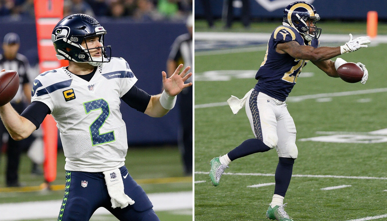 Darnold throws a 2-point pass with Seattle end zone in split screen while Puka Nacua leaps to catch a Rams touchdown.