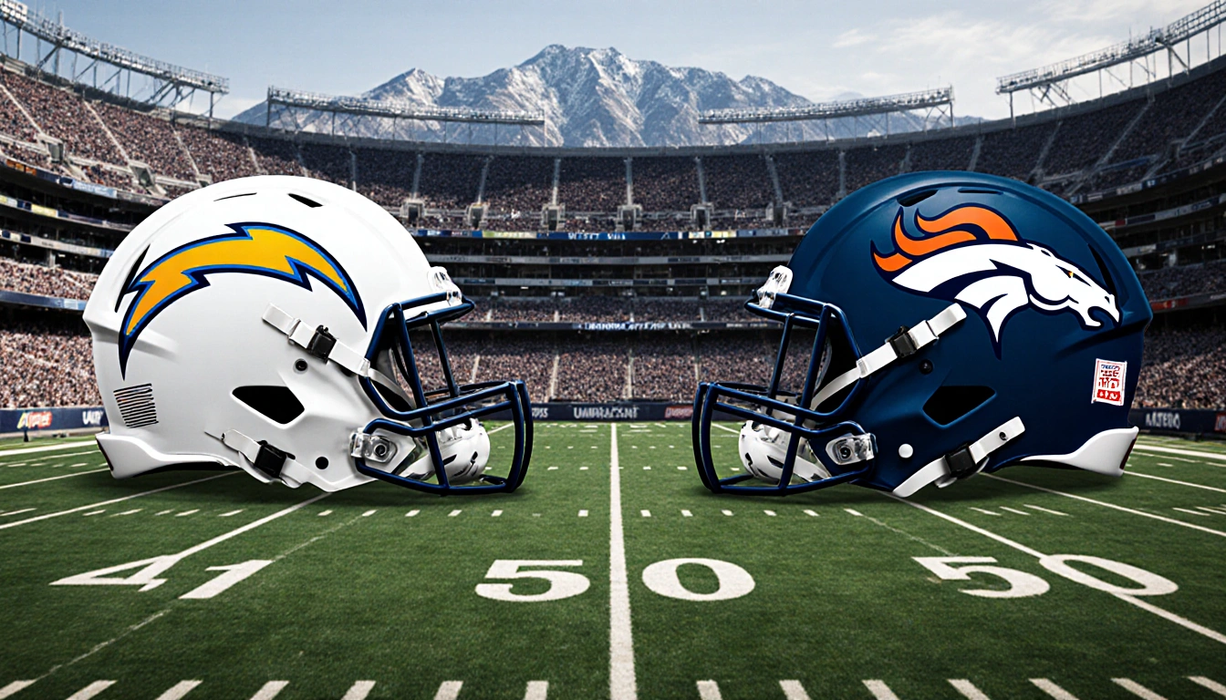 Chargers and Broncos confronting field with stadium lights and Denver mountains behind