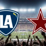 Two football team logos clash with electric blue and deep red colors bleeding into each other over a blurred stadium crowd.