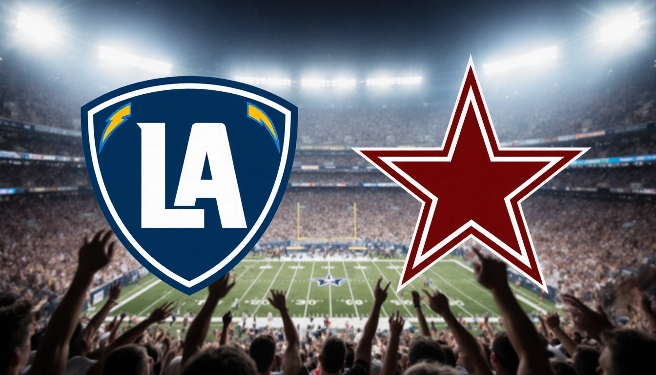 Two football team logos clash with electric blue and deep red colors bleeding into each other over a blurred stadium crowd.