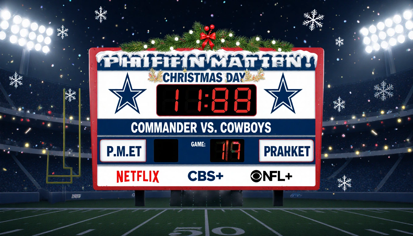 Scoreboard showing Commanders and Cowboys logos with 1 p.m. ET time and streaming icons amid falling snowflakes.