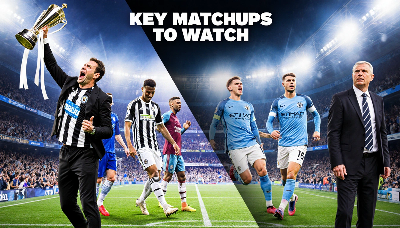 Newcastle players celebrating win with trophy while teammates cheer and City coach gives calm instructions on the other side 