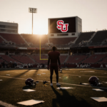 Silhouette of football player standing with sunset glow in stadium and abandoned equipment on empty field.