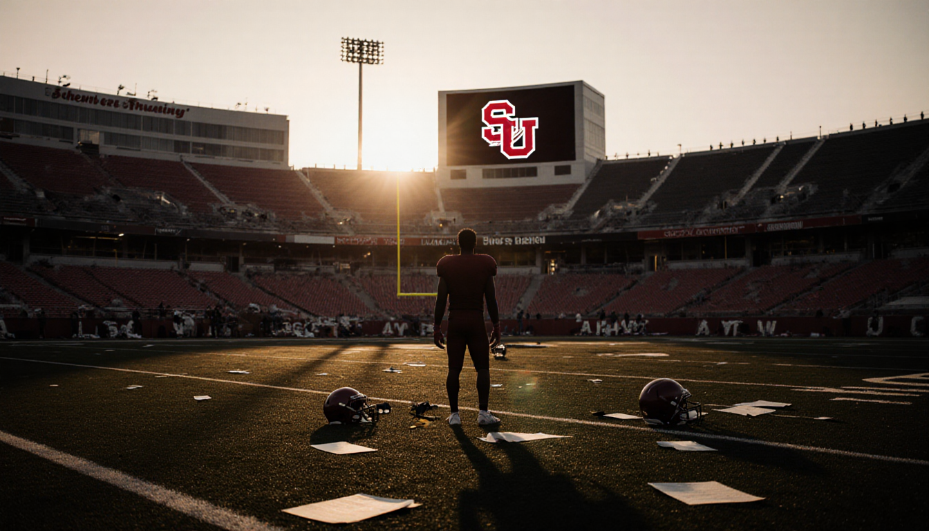 Silhouette of football player standing with sunset glow in stadium and abandoned equipment on empty field.