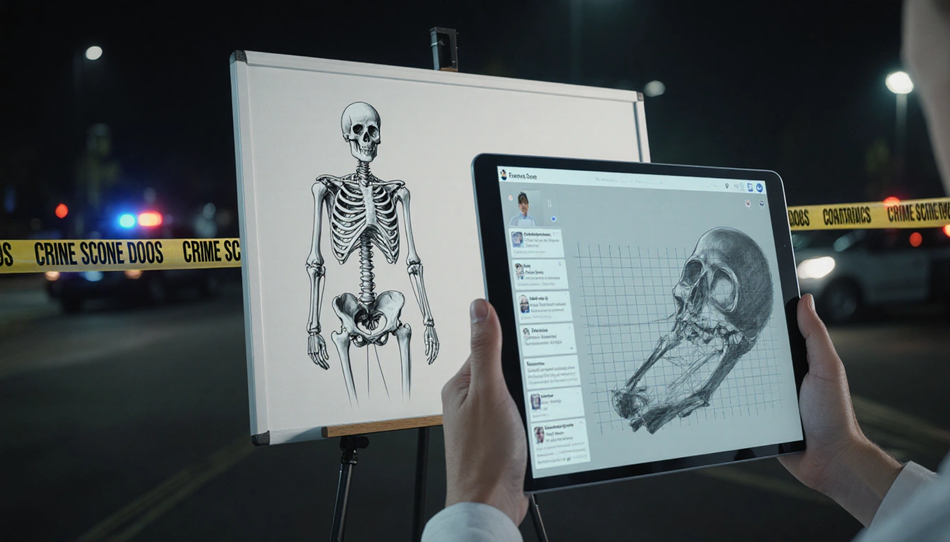 Forensic artist sketching on whiteboard with translucent overlay of remains and distant crime scene tape