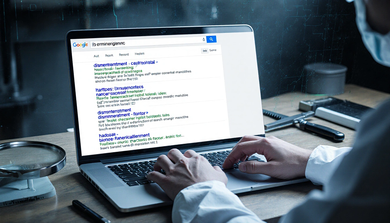 Forensic scientist examining laptop screen with search results for dismemberment and hacksaw and a hacksaw on the workbench