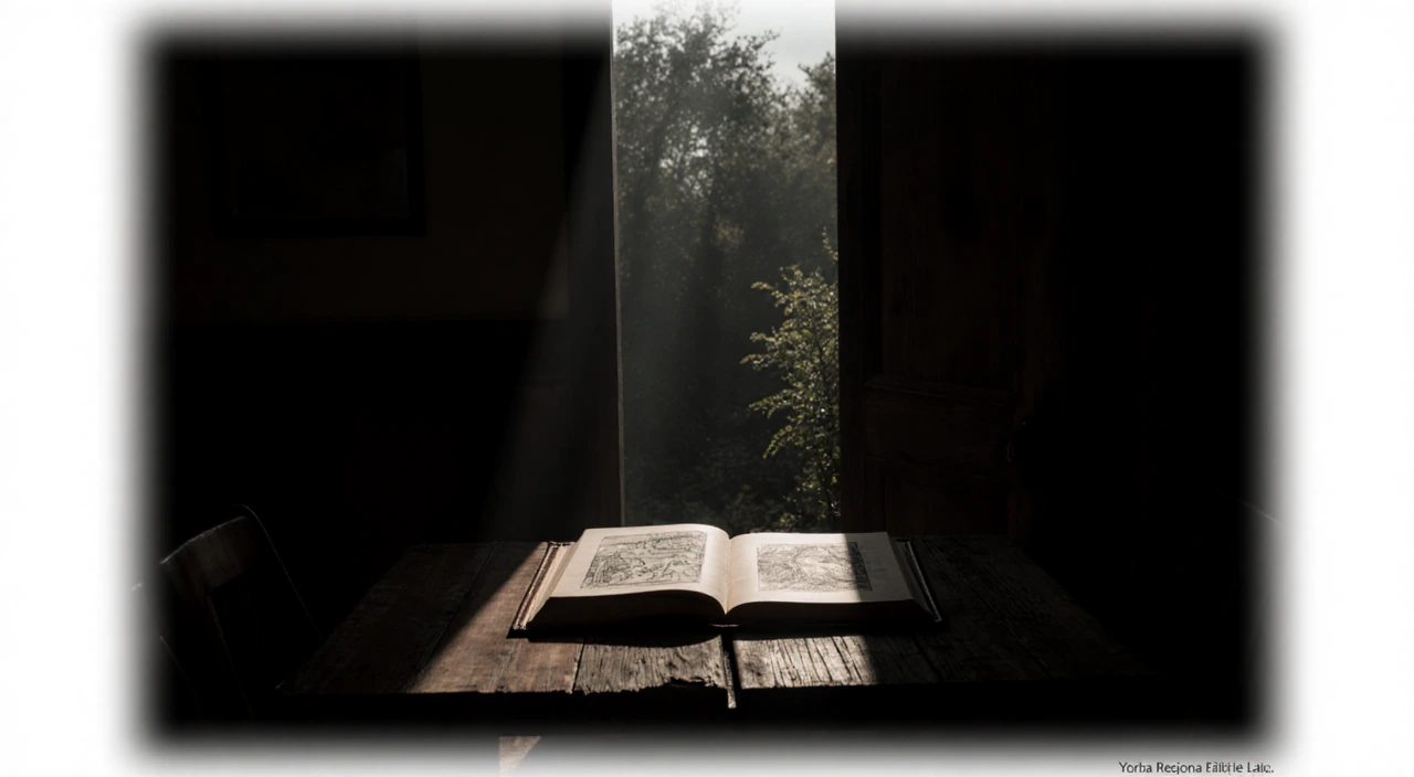 Forensic sketch lying open on leather book with rustic wooden table and dim sunlight peeking through doorway showing foliage.