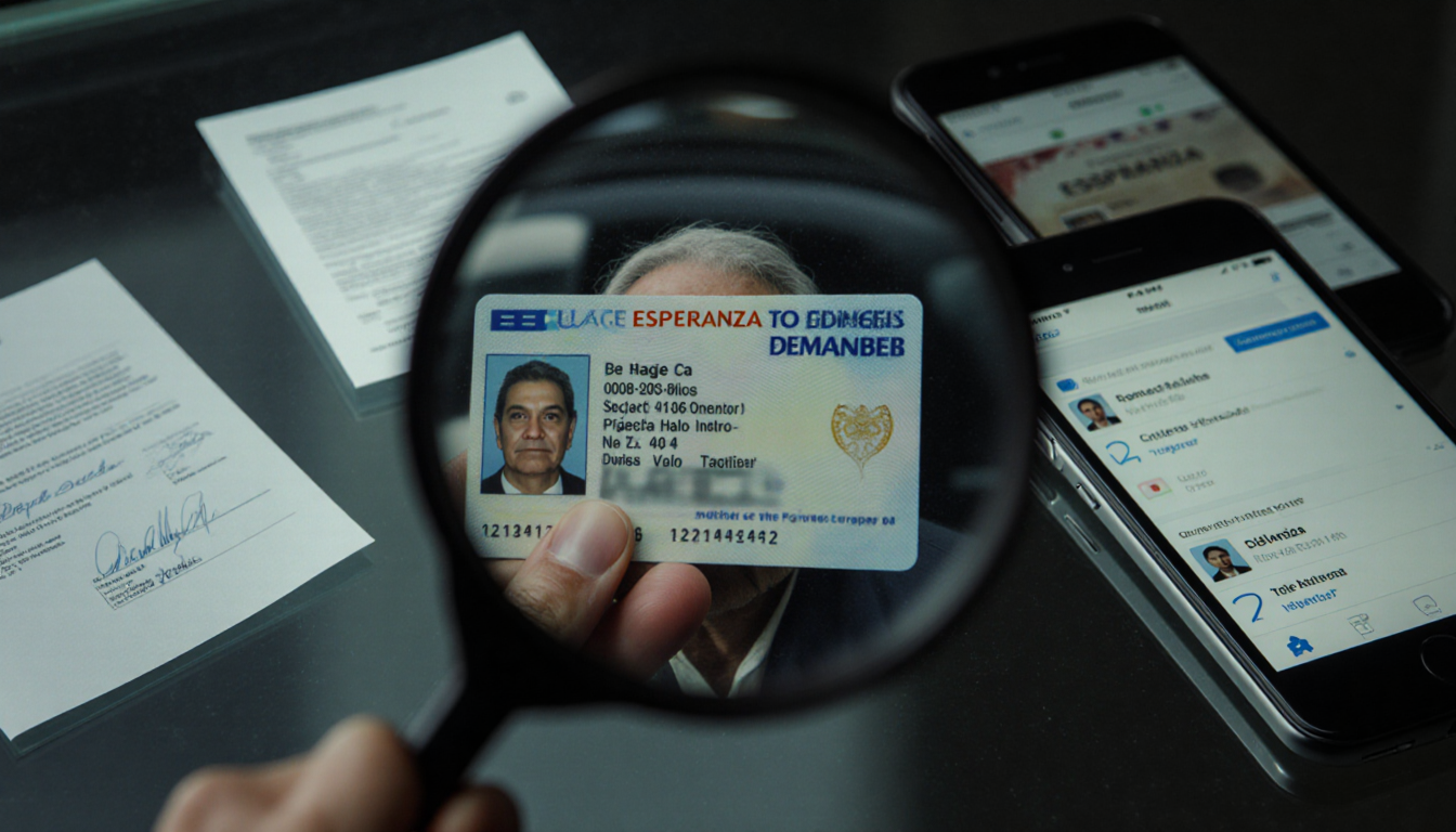 Hand holding driver's license with blurred aged Spanish-speaking face and reflected phone screens showing forged signatures.