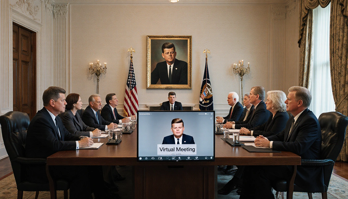 Officials seated in formal boardroom with faded JFK portrait and Trump logo behind and virtual meeting interface on screen