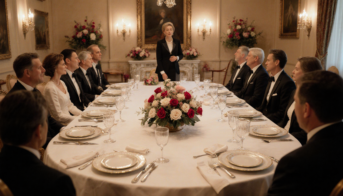 Lynette Romero moderating a formal luncheon with an elegant table fine china roses and warm lighting