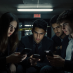 Students huddled scrolling on phones with police tape and building silhouette in background