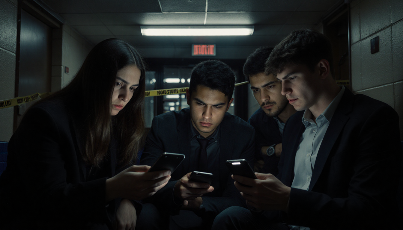 Students huddled scrolling on phones with police tape and building silhouette in background