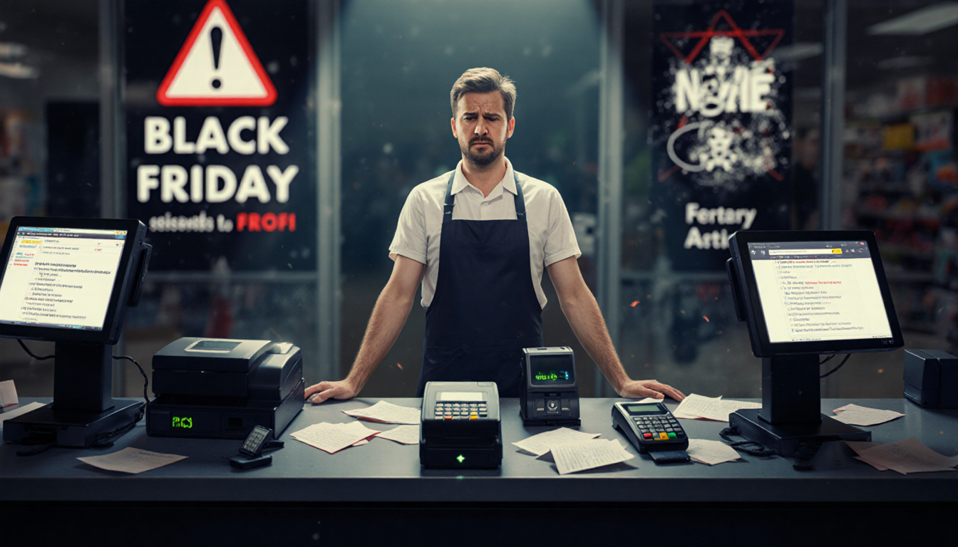 Frazzled retail worker standing at dim checkout counter with Black Friday ads and error screens showing Cyber Monday outage.