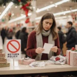 Frustrated shopper holding receipt at busy return counter with unwrapped gifts and a red return policy sign