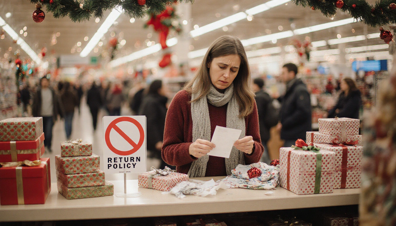 Frustrated shopper holding receipt at busy return counter with unwrapped gifts and a red return policy sign