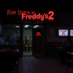 Security guard monitors glowing screens with blood‑red title at Freddy Fazbear