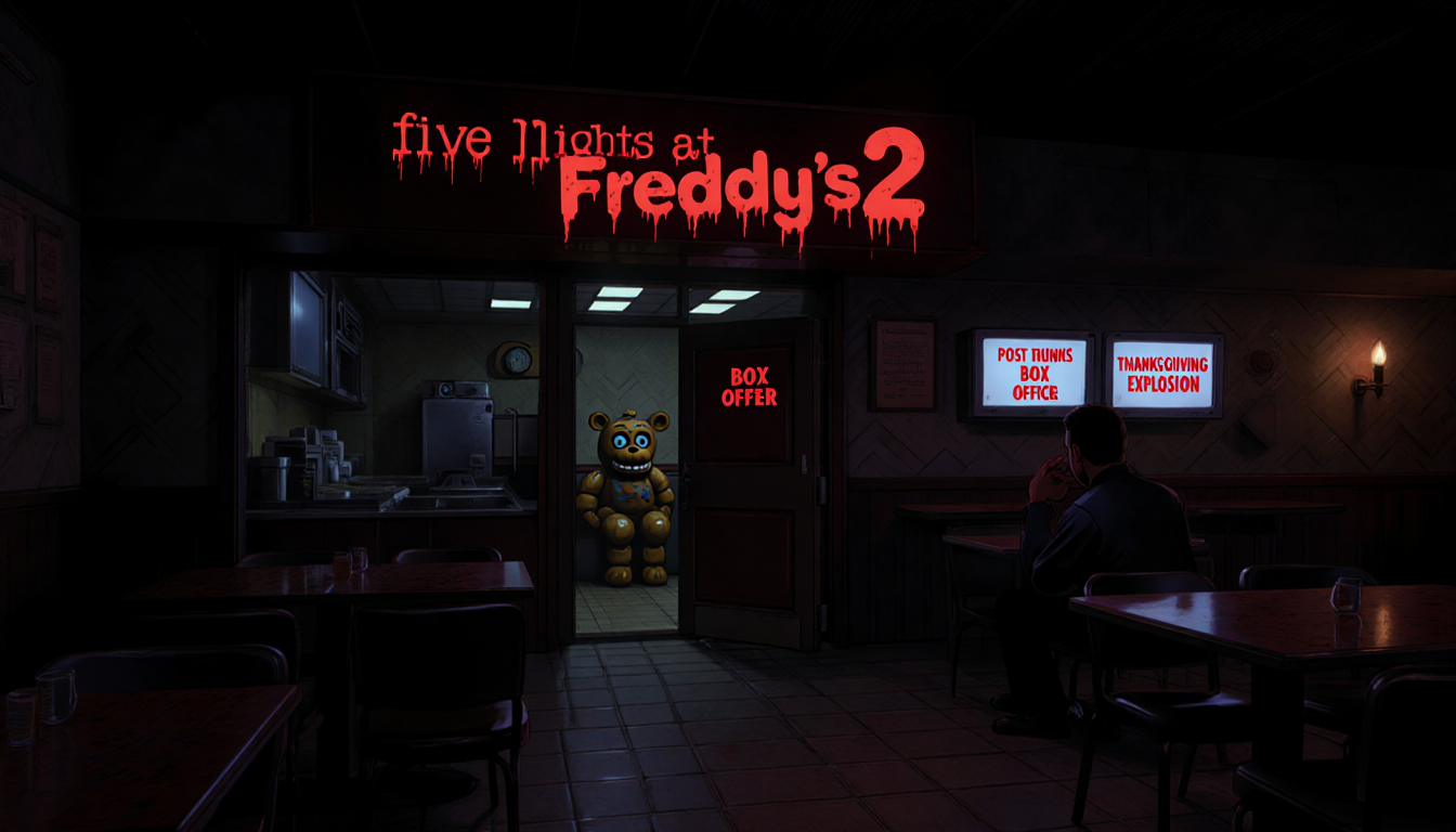 Security guard monitors glowing screens with blood‑red title at Freddy Fazbear
