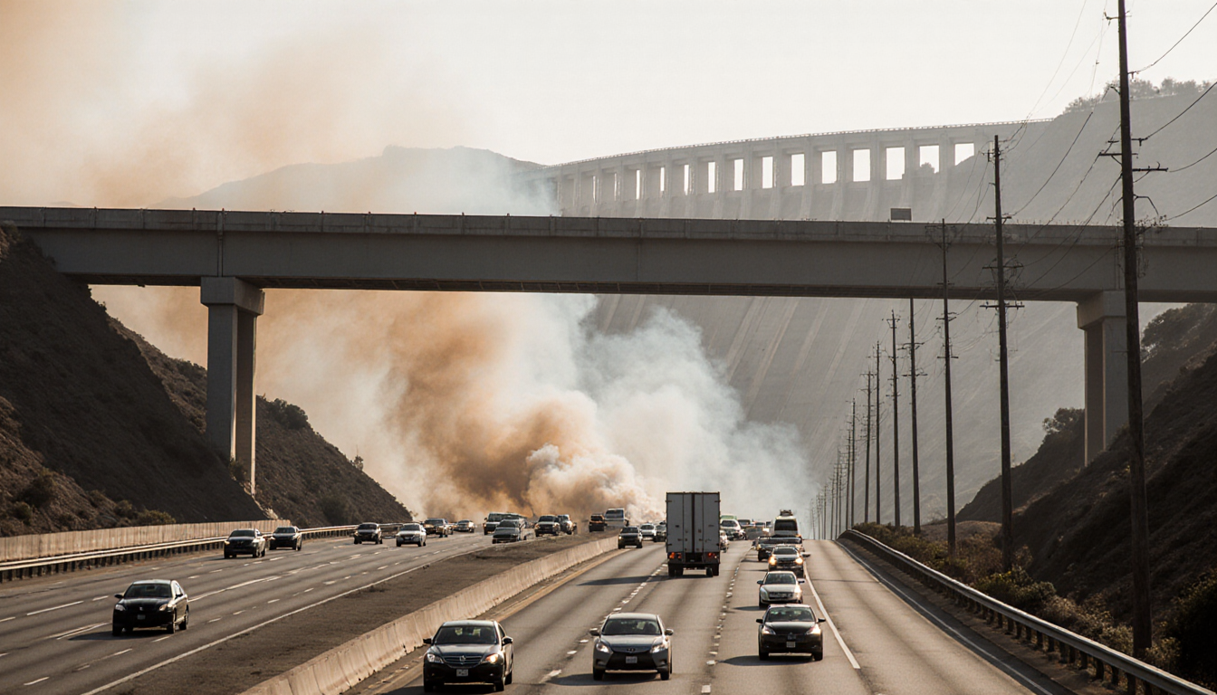 Overpass carries cars with smoke billowing underneath and Hansen Dam in distance.