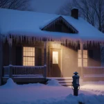 Warm golden light spills from an ajar front door onto a snowy porch with icicles and a frosted roof.