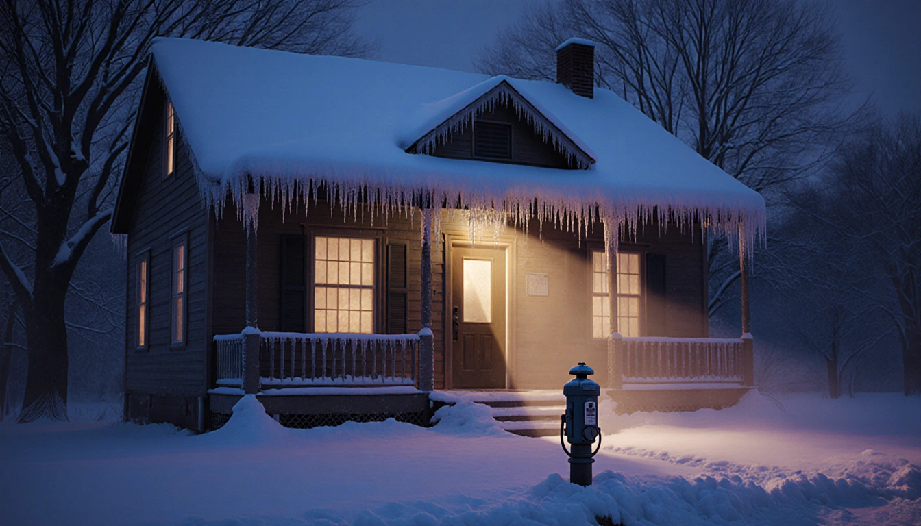 Warm golden light spills from an ajar front door onto a snowy porch with icicles and a frosted roof.