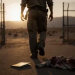 Mexican man walking away to escape prison fence with crumpled passport and torn shirt on ground under dusk light desert haze
