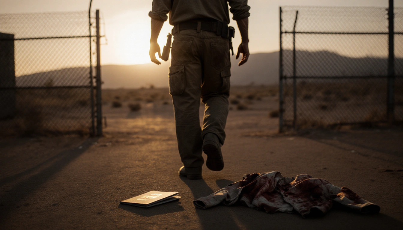 Mexican man walking away to escape prison fence with crumpled passport and torn shirt on ground under dusk light desert haze
