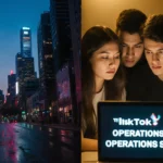 Young adults gather around laptop with futuristic cityscape glowing neon on one side and TikTok notice on screen