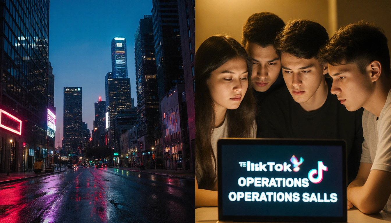 Young adults gather around laptop with futuristic cityscape glowing neon on one side and TikTok notice on screen