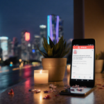 Smartphone screen shows Airbnb alert with neon cityscape reflected on wet pavement and cozy kitchen decor