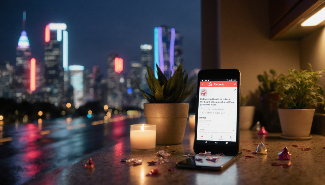Smartphone screen shows Airbnb alert with neon cityscape reflected on wet pavement and cozy kitchen decor