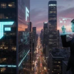 Rooftop overlooking bustling streets at dusk with neon‑lit skyscrapers and AR projections under warm lighting