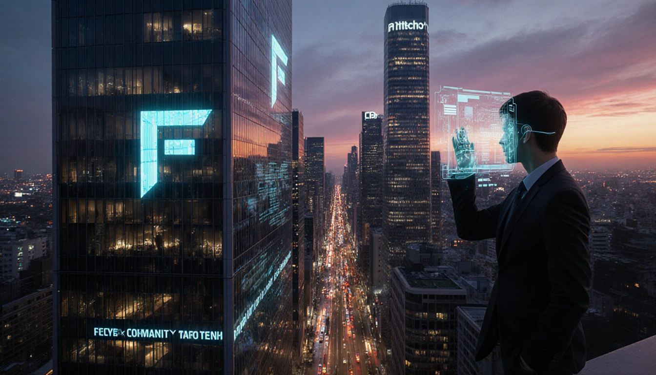 Rooftop overlooking bustling streets at dusk with neon‑lit skyscrapers and AR projections under warm lighting