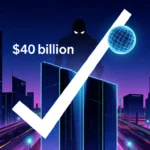 Futuristic skyscrapers glow at dusk while a giant checkmark overlays a sleek building with a hovering glowing orb above it