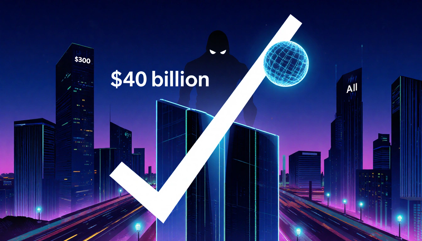 Futuristic skyscrapers glow at dusk while a giant checkmark overlays a sleek building with a hovering glowing orb above it