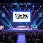 Futuristic stage displays TechCrunch logo with bright pulsing lights and startup booths showing AI tools