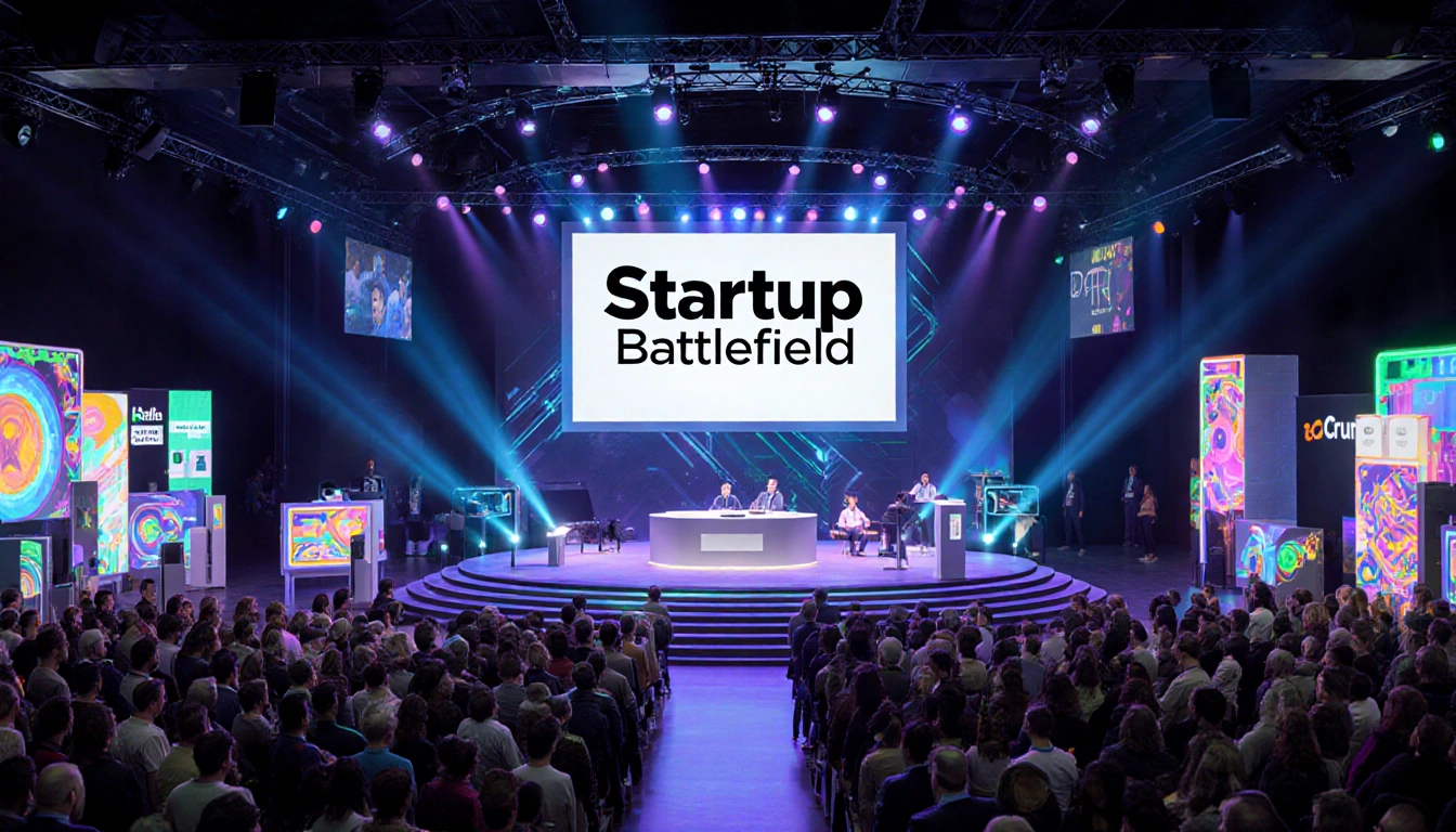 Futuristic stage displays TechCrunch logo with bright pulsing lights and startup booths showing AI tools