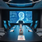Table holds vendor logos with high-end computers and large screens displaying AI data in a futuristic boardroom