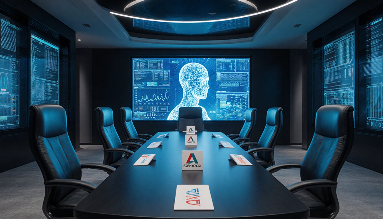 Table holds vendor logos with high-end computers and large screens displaying AI data in a futuristic boardroom